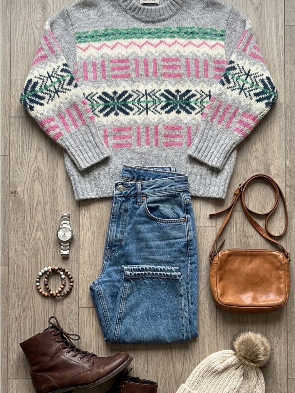 Esprit Gray Sweater with Pink and Green Patterns
